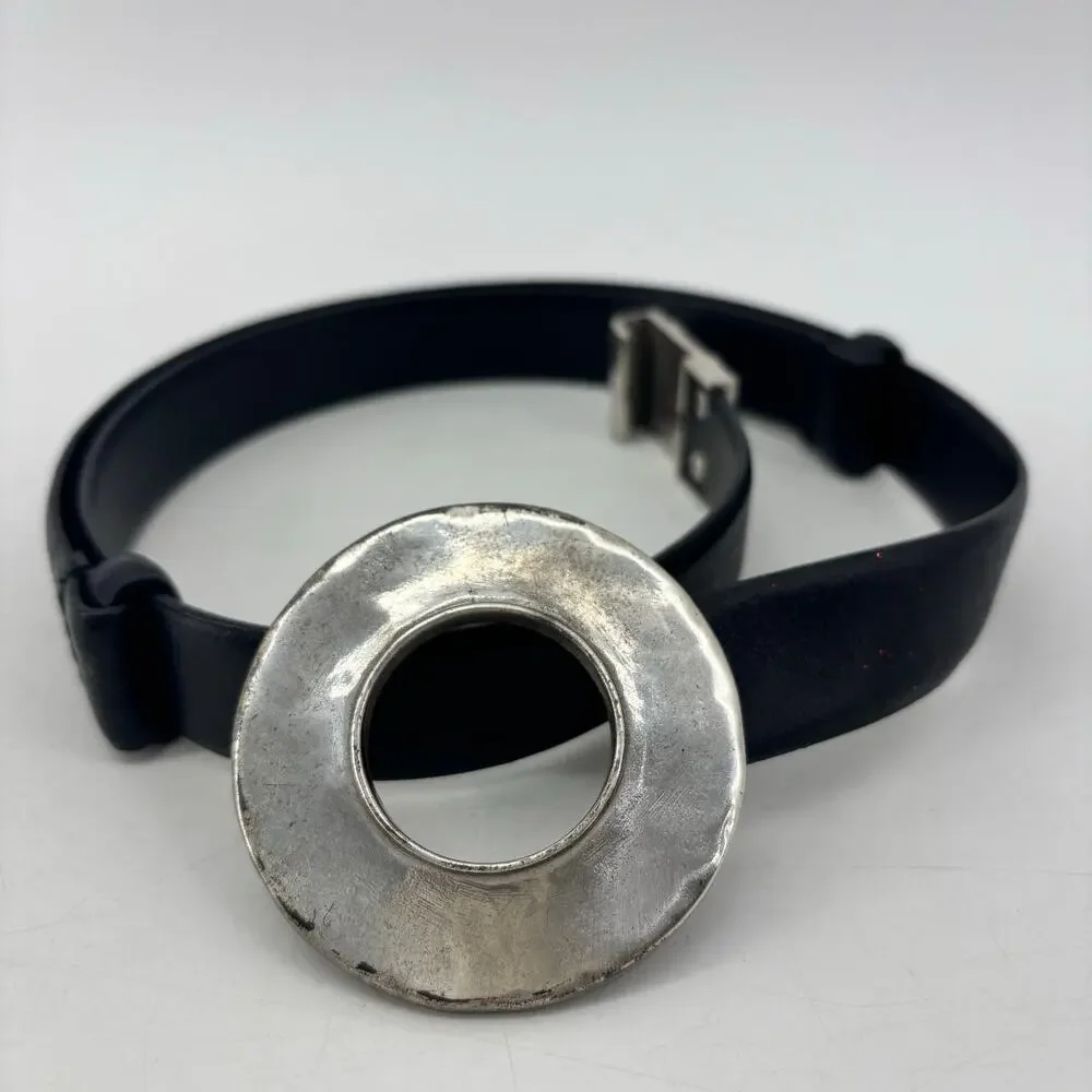 Chicos Womens Small Medium Black Leather Belt Circle Hook Buckle